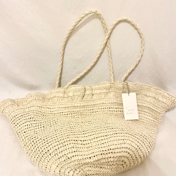 a new day Handbags - A New Day Womens Ruffle Woven Straw Tote Bag Beige Cream Summer Beach Shoulder